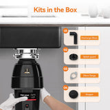 3/4 HP Garbage Disposal, TECASA Food Garbage Disposal with Power Cord, Stainless Steel Grinding System and 3-Bolt Mounting, Continuous Feed Garbage Disposals, Quiet, Taskmaid Series 75