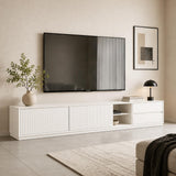 Quvex 87" TV Stand for TVs up to 98", Mid Century Modern Entertainment Center with Fluted Sliding Doors, Drawers, Cord Management & Adjustable Shelves, Wooden Media Console for Living Room, White