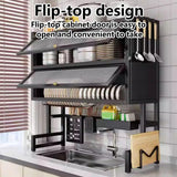 BYRTJSWX Over The Sink Dish Drying Rack, 3-Tier Stainless Steel with Cover & Knife Holder, Space-Saving Drain Rack for Kitchen Sink, Organizer for Dishes, Glasses, Bowls, Cutlery(Black,95cm/37.4in)