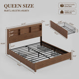 Uteeran Queen Size Bed Frame and Tall Headboard & Storage, Metal Platform Bed Frame with 4 Storage Drawers, Queen Bed Frame with LED Lights & Charging Ports, No Box Spring Needed, Noise-Free, Brown
