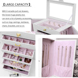 AKOZLIN Extra Large 6-Tier Jewelry Box Organizer with Mirror, 5 Drawers Leather Jewelry Storage Case for Women Girls Ring Necklace Earring Bracelet White