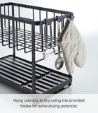 YAMAZAKI Home Tower Two-Tier Adjustable Dish Drainer Rack, Compact Drying Rack with Hooks, Utensils Holder - Steel -