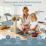 TOYWIA Gold Kitchen Faucets with Pull Down Sprayer, Single Handle High Arc Modern Stainless Steel Sink Faucet with Deck Plate, 1 or 3 Hole Deck Mount for RV, Bar, Farmhouse, Laundry, Outdoor