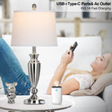 Rinweey Metal Table Lamps Set of 2, 3 Way Touch Control Silver Bedside Lamps with USB A+C Ports, Modern Brushed Nickel Nightstand Lamps for Bedroom Living Room