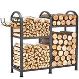 ZEXVIDA Firewood Rack Indoor With Hooks, 31inch Firewood Rack, 2-Tier log holders for firewood outdoor, Fireplace Wood holder Indoor, Adjustable Small Fire Wood Storage
