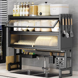 YITAYMLI Large 3-Tier Over Sink Dish Drying Rack with Flip-top Door,Kitchen Counter Utensil Holder Organizers Space-Saving,Multifunctional Metal Counter Shelf,for Plates Bowl(Black,65cm/25.6in)