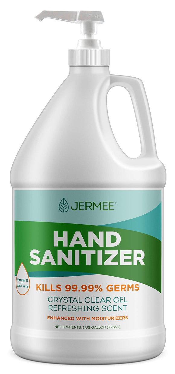 JERMEE Moisturizing Hand Sanitizer Gel, 70% Alcohol - Kills 99.99% Germs, Enhanced with Vitamin E and Aloe Vera - Crystal Clear Gel, Refreshing Scent, Made in USA - 1 Gallon with Easy to Use Pump JERMEE