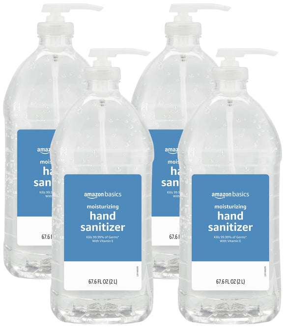 Amazon Basics Hand Sanitizer, Original Scent, Contains 62% Ethyl Alcohol, Unscented, 67.60 Fl Oz (Pack of 4) (Previously Solimo) Amazon Basics