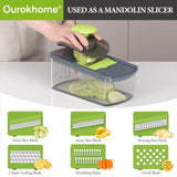 Ourokhome Veggie Chopper and Dicer with Container, Manual Hand Food Mandolin Slicer with 4 in 1 Handheld Vegetable Spiralizer (12 in 1, Gray)