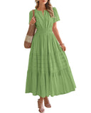 BTFBM Womens Summer 2026 Casual Midi Maxi Dresses Lightweight Short Sleeve V Neck Elastic Waist Boho Beach Dress Pockets(Green, Small)