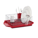 Classic Large Rust Resistant Full Dishrack with Removable 3 Compartment Flatware Caddy, Andlged Drain Board, 3-Piece, Red Farberware