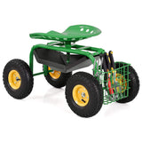 Garden Cart with Seat, Heavy Duty Gardening Work Stools w/Height Adjustable Seat & 10’’ Large Wheels