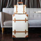 universal trotter Vintage PU Leather Luggage Set, Retro Trunk Suitcase with Wide Aluminum Frame, TSA Key Locks and Smooth 360° Spinner Wheels (Natural Tan Trim,20"+12")