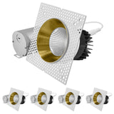LUXRITE 4-Inch LED Trimless Recessed Spotlight with Brass Reflector Trim Replacement 25W, 2000LM, 5CCT, 60° Beam Angle, Dimmable, Push-n-Lock, CRI90, Damp & IC Rated, ETL White + Brass (4 Pack)
