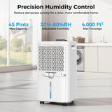 TRAZICO 4,000 Sq.ft Dehumidifier for Basement, 45 Pint Dehumidifiers for Home with Drain Hose, Smart Humidity Control, Auto Defrost, Auto Restart, 24H Timer, for Bedroom, Bathroom, RV, Garage