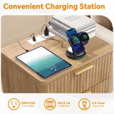 Go Beyond Fluted Night Stand with Charging Station, 3 Drawers Large End Table, Natural Nightstand Set of 2 with Storage, Wood Bedside Tables for Living Room, Bedroom (Wooden)