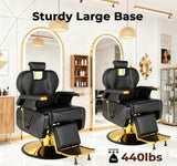 Black and Gold Barber Chair, Heavy Duty Hydraulic Reclining Barber Chair for Barbershop w/ Adjustable Headrest & Footrest, 360° Swivel Studry Frame barber Chair for home, Spa, Tattoo, Beauty Salon