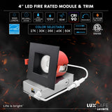 LUXRITE 6-Pack 4 Inch Square LED Recessed Lights with J-Box, 5CCT 2700K-5000K, 2 Hour Fire Rating, 15 Watts, 1000 Lumens, 38° Spotlight, Dimmable, IC Rated, Wet Rated, ETL - Black Trim
