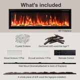 60” Smart Electric Fireplace with Voice Control, Realistic Flame, Crackling Sound, Wall Mounted or Recessed Fireplace Insert, App/Remote Control, Logs & Crystals Included for Living Room, Bedroom