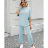 SeeLuNa Women's Two Piece Outfits 3/4 Batwing Sleeve Capelet Crew Neck Pullover Top Wide Leg Pants Lounge Set(Blue-Green,S)