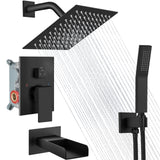Midanya Rain Shower System Tub Shower Faucet Set Square Rainfall Waterfall Shower Head with Handheld Sprayer Tub Spout Combo Wall Mounted bathtub faucet set Rough-in Valve, 8 Inch Matte Black
