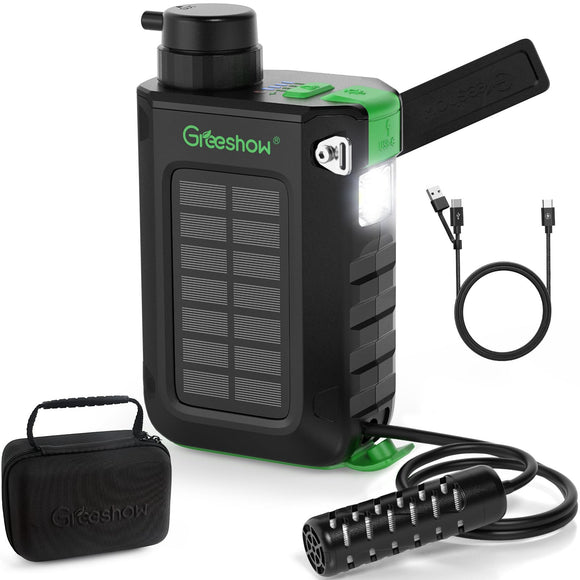 Greeshow Electric Portable Water Filter Camping - Solar Powered, Hand Crank, USB Charging, Water Purifier Survival with Emergency Light for Hiking Backpacking Travel Outdoor, Phone Charger, GS-2811 Greeshow