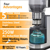 VITAPLUS Stainless Steel Auger Cold Press Juicer, AC Motor Slow Masticating Juicer, Plastic-Free Extractor for Whole Fruits & Vegetables, 5.8" Wide Chute, BPA-Free, Easy to Clean, FDA21 CFR Tested