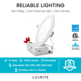 LUXRITE 16 Pack 6 Inch Ultra Thin LED Recessed Light with J-Box, 12W, Color Temperature Selectable 2700K | 3000K | 3500K | 4000K | 5000K, Dimmable Wafer Light, 1000 Lumens, Energy Star, IC Rated