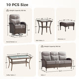 Luxury Patio Furniture Set with 6-inch Thick Cushions, Outdoor Furniture Set with High Back Swivel Chairs, 10 PCS Wicker Outdoor Conversation Set for Porch, Patio, Yard, Deck, Poolside, Brown/Beige