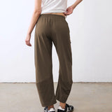 SeeLuNa Women Barrel Travel Pants Elastic Waistband Tapered Leg Baggy Mid Rise Work Trousers Lounge Pant with Pockets(Coffee,M)