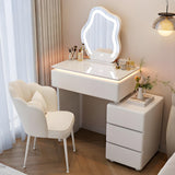 Quvex 27.5" Compact Makeup Vanity Desk with LED Cloud Mirror & Ambient Light, Sintered Stone Top Vanity Table, 4 Drawers, Petal Chair, Extendable & Reversible Dressing Table, Wall-Flush Design, White