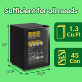 WANAI Small Beverage Refrigerator Cooler 1.3 Cu.Ft, 45 Can Black Mini Small Fridge with Glass Door Adjustable Shelves for Soda Beer Wine, Suitable for Bedroom Bar Office