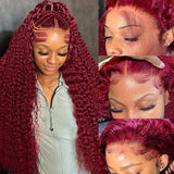 ALSZIQIHR Burgundy 99J Red Water Wave Human Hair Wig 13x4 HD Lace 34inch