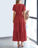 BTFBM Womens Summer 2026 Casual Midi Maxi Dresses Lightweight Short Sleeve V Neck Elastic Waist Boho Beach Dress Pockets(Red, X-Large)