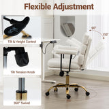 Leather Office Chair with Wheels,Ergonomic Swivel Rolling Task Chair,Padded Seat and Armrests,Adjustable Height Home Desk Chair,Executive Computer Chair, Gold Base Makeup Vanity Chair,White