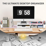 OPNICE Desk Organizers and Accessories, Dual Monitor Stand Riser with Drawer and 2 Pen Holders, Desk Shelf Printer Stand for Office Workspace Organizers, Desktop Organization (Pink-White)
