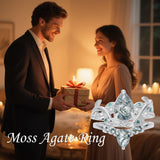 Oseew Natural Moss Agate Ring for Women 2CT Pear Cut 2 Pieces Engagement Ring Set 10K/14K/18K Solid Gold/Sterling Silve Personalized Wedding Leaf Vintage Bridal Promise Ring for Women