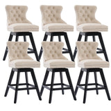 MOOLSUN A Set of 6 Blue Velvet bar stools - Classic Fixed Height Design, rotatable Button Group Seats, Perfect for Standard Kitchen Islands and Home Bars,Beige(Wood Leg)