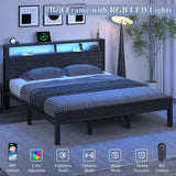 King Size Bed Frame with Storage Headboard, Industrial Platform Bed with Charging Station and LED Lights, Heavy Duty Metal Slats, No Box Spring Need, Noise Free, Black