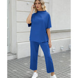SeeLuNa Women's Two Piece Outfits 3/4 Batwing Sleeve Capelet Crew Neck Pullover Top Wide Leg Pants Lounge Set(Dark-Blue, L)