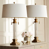 Vienna Full Spectrum Rolland Traditional Table Lamps 30" Tall Set of 2 Clear Glass Column Antique Brass Gold Off-White Fabric Drum Shade for Bedroom Living Family Room Bedside Nightstand House Home