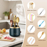 EXIN DECHEN 360 Rotation Silverware Organizer for Kitchen Counter, Utensil Holder Caddy with Cover, Spoon and Fork Organizer, 7 Slots and Intermediate Drainage Device