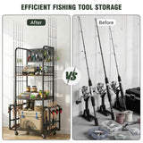 Fishing Rod Holders for Garage with Pegboard and Hooks, Fishing Pole Holders Up to 10 Rods, 3-Tier Anti-Drop Fishing Rod Storage Rack Cart with Lockable Wheels, Heavy-Duty Tackle Gear Organizer