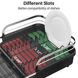 SNTD Dish Drying Rack, Expandable Dish Rack for Kitchen Counter, Stainless Steel Dish Drainer with Drainboard Set and Utensil Holder (Black)