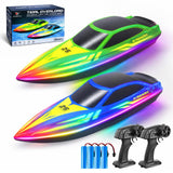 Cirmine RC Boat 2 Pack Remote Control Boats with 7-Mode Colorful LED Lights, 10 Inch RC Boats, 15KM/H High Speed, 2.4GHz Remote, 3 Speed Modes, 4 Batteries, for Kids & Adults, Pool & Lake Racing