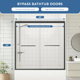 Bathtub Shower Door - 58-60" W×59" H Adjustable Aluminum Frame - 1/4 Tempered Glass - 4 Aluminum Rollers - Sliding Glass Door for Tub