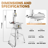 2500W Electric Bone Saw Machine, 0.04-7.8 Inch Cutting Thickness,3.0HP Frozen Meat Vertical Cutter Commercial Bandsaw with 8 Saw Blades, 18.7x12in Table Sawing for Frozen Meat Pork Beef Ribs