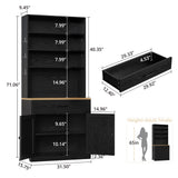 IRONCK Bakers Rack Microwave Stand with Customizable Pegboard and Storage, 71" Farmhouse Coffee Bar Cabinet with Drawer, Barn Doors, Adjustable Shelves for Kitchen, Dining Room, Living Room, Black
