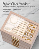 VLANDO 6 Layer Jewelry Box for Women, Glass Lid Jewelry Organizer with 6 Drawers for Necklaces Rings Earrings Bracelets - Toffee