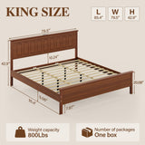 Uteeran King Size Bed Frame with Tall Headboard, Mid Century Modern Wood Platform Bed with Charging Ports and LED Lights, Solid Wood Slat Support, No Box Spring Needed, Easy Assembly, Warm Brown